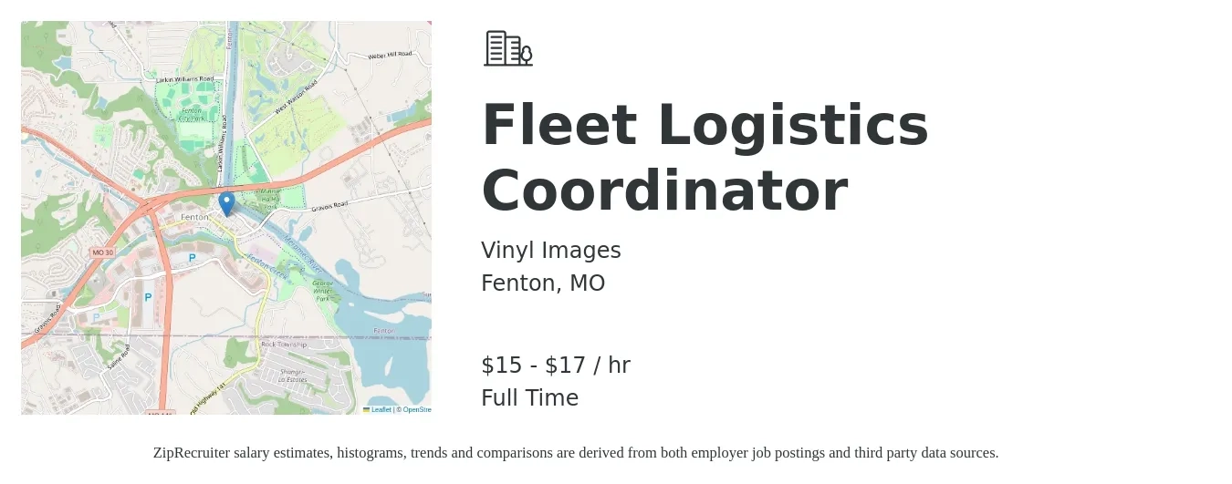 Vinyl Images job posting for a Fleet Logistics Coordinator in Fenton, MO with a salary of $16 to $18 Hourly with a map of Fenton location.