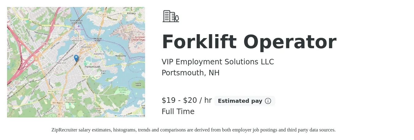 VIP Employment Solutions job posting for a Forklift Operator in Portsmouth, NH with a salary of $20 to $21 Hourly and benefits including dental, life_insurance, medical, pto, retirement, and vision with a map of Portsmouth location.
