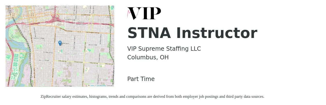 VIP Supreme Staffing LLC job posting for a STNA Instructor in Columbus, OH with a salary of $14 to $19 Hourly with a map of Columbus location.