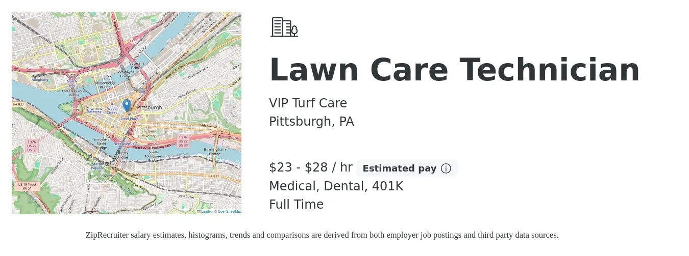 VIP Turf Care job posting for a Lawn Care Technician in Pittsburgh, PA with a salary of $24 to $30 Hourly and benefits including 401k, dental, and medical with a map of Pittsburgh location.