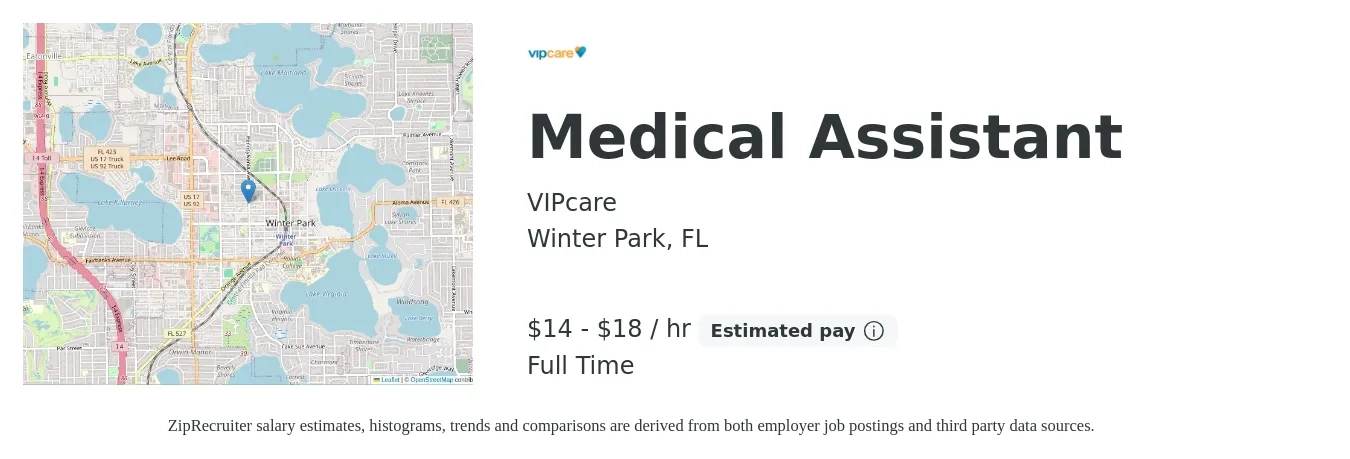 VIPcare job posting for a Medical Assistant in Winter Park, FL with a salary of $15 to $19 Hourly with a map of Winter Park location.