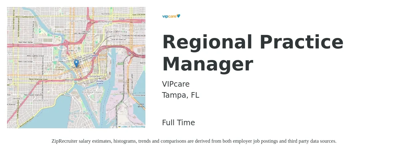 VIPcare job posting for a Regional Practice Manager in Tampa, FL with a salary of $54,300 to $86,500 Yearly with a map of Tampa location.