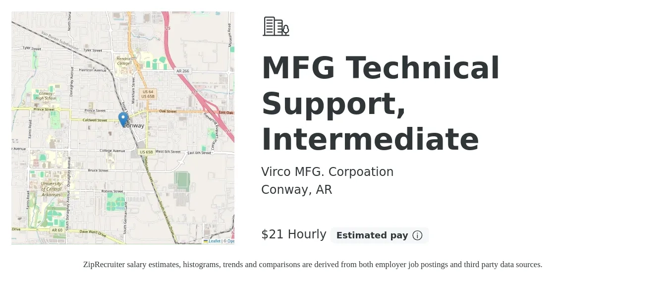 Virco MFG. Corpoation job posting for a MFG Technical Support, Intermediate in Conway, AR with a salary of $22 Hourly with a map of Conway location.
