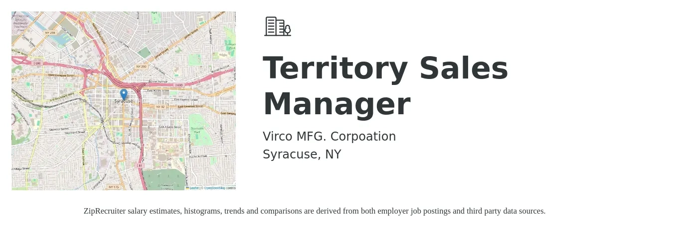 Virco MFG. Corpoation job posting for a Territory Sales Manager in Syracuse, NY with a salary of $70,000 Yearly with a map of Syracuse location.