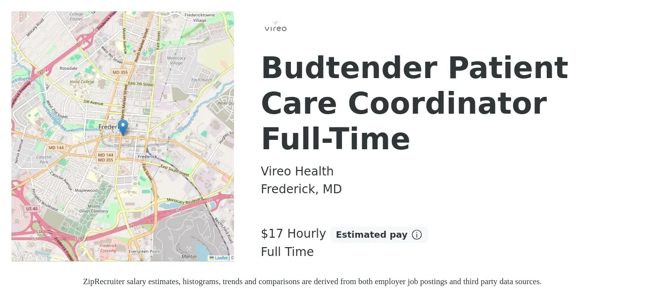 Vireo Health job posting for a Budtender Patient Care Coordinator Full-Time in Frederick, MD with a salary of $18 Hourly with a map of Frederick location.