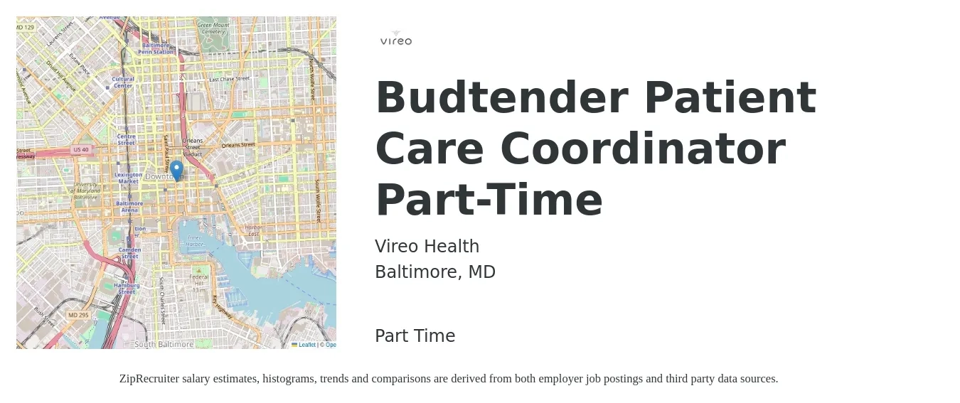 Vireo Health job posting for a Budtender Patient Care Coordinator Part-Time in Baltimore, MD with a salary of $18 to $23 Hourly with a map of Baltimore location.