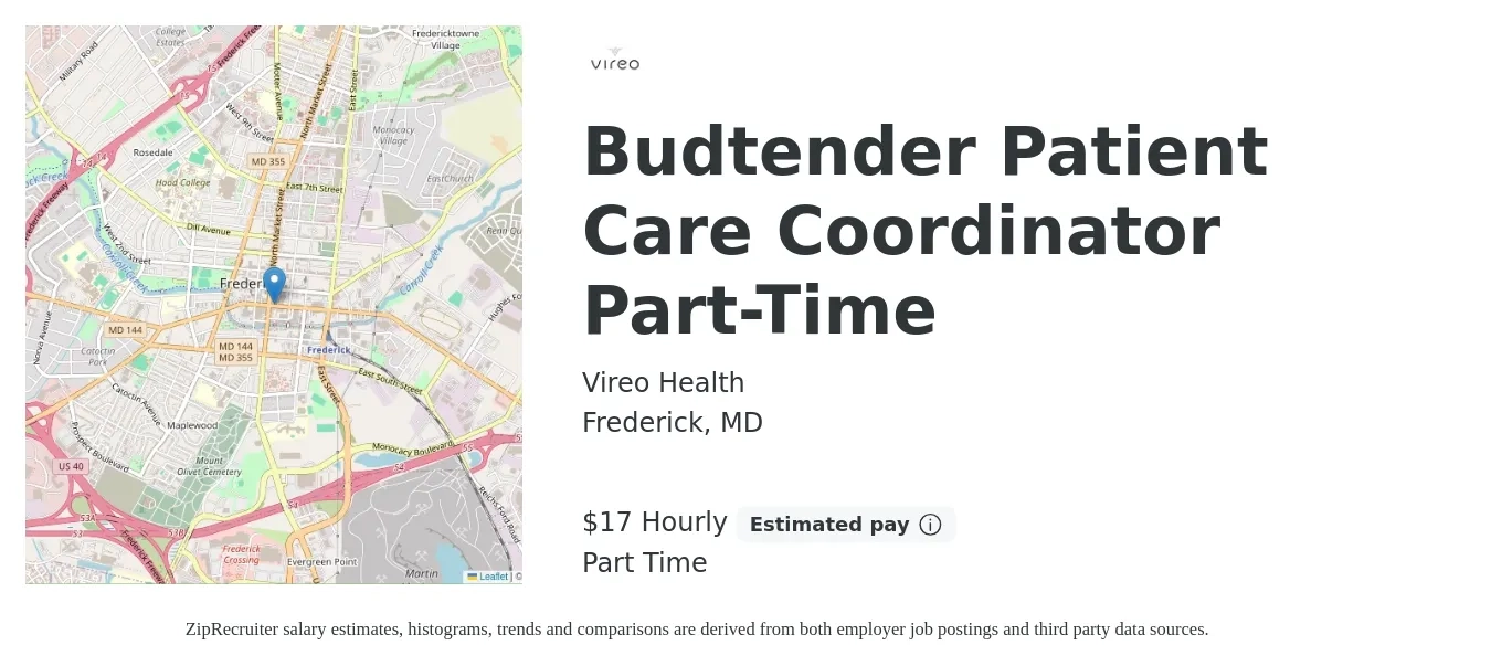 Vireo Health job posting for a Budtender Patient Care Coordinator Part-Time in Frederick, MD with a salary of $18 to $23 Hourly with a map of Frederick location.