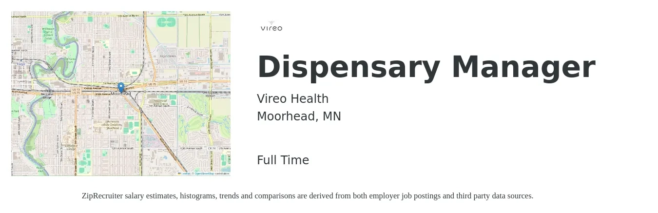 Vireo Health job posting for a Dispensary Manager in Moorhead, MN with a map of Moorhead location.