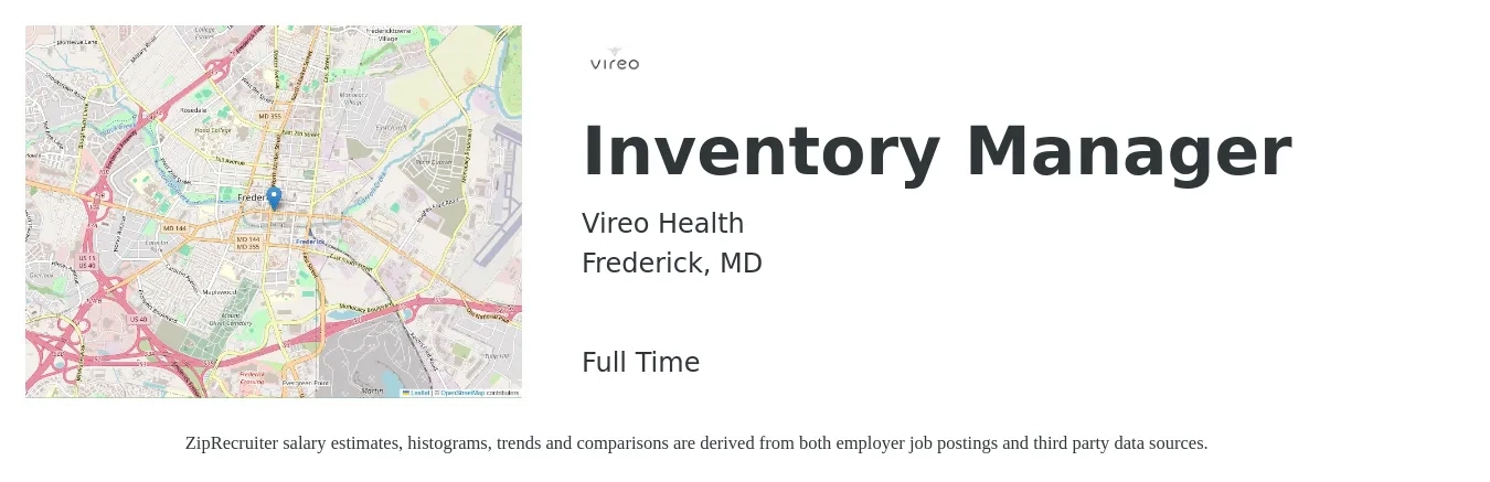 Vireo Health job posting for a Inventory Manager in Frederick, MD with a salary of $39,800 to $63,600 Yearly with a map of Frederick location.
