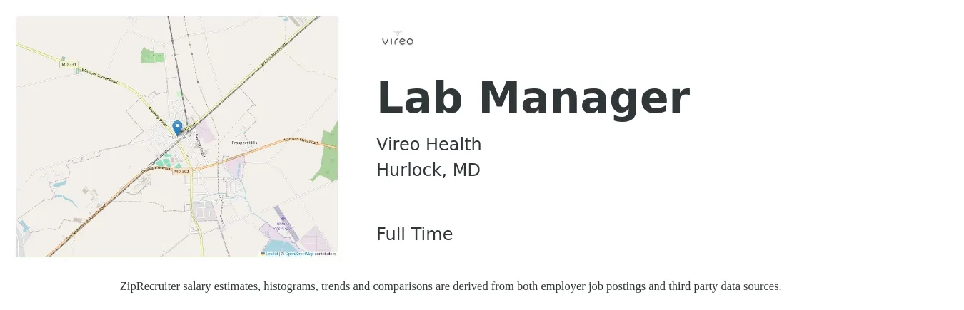 Vireo Health job posting for a Lab Manager in Hurlock, MD with a salary of $64,100 to $101,600 Yearly with a map of Hurlock location.