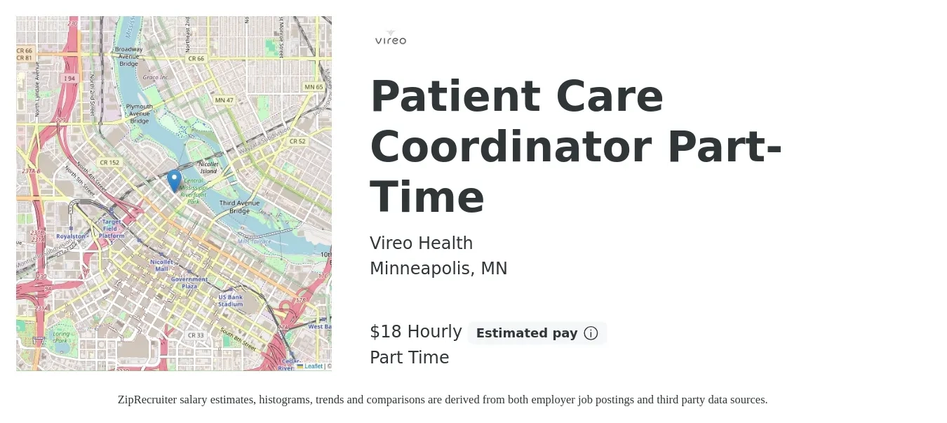 Vireo Health job posting for a Patient Care Coordinator Part-Time in Minneapolis, MN with a salary of $19 Hourly with a map of Minneapolis location.