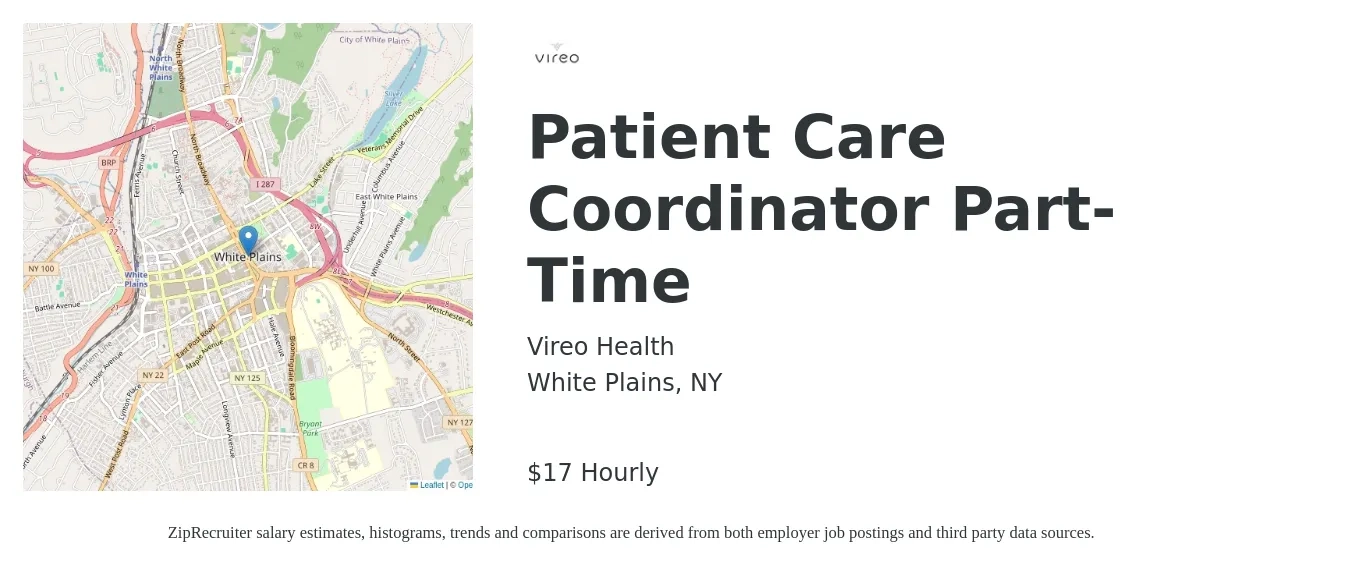 Vireo Health job posting for a Patient Care Coordinator Part-Time in White Plains, NY with a salary of $18 Hourly with a map of White Plains location.