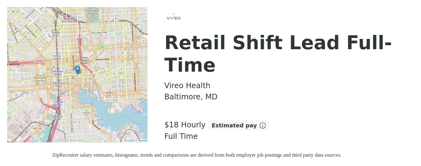 Vireo Health job posting for a Retail Shift Lead Full-Time in Baltimore, MD with a salary of $19 Hourly with a map of Baltimore location.