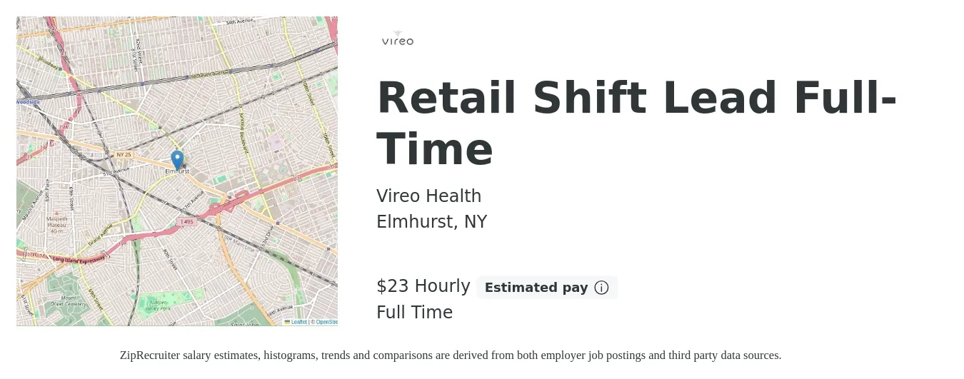 Vireo Health job posting for a Retail Shift Lead Full-Time in Elmhurst, NY with a salary of $24 Hourly with a map of Elmhurst location.