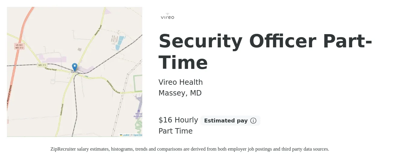 Vireo Health job posting for a Security Officer Part-Time in Massey, MD with a salary of $17 Hourly with a map of Massey location.