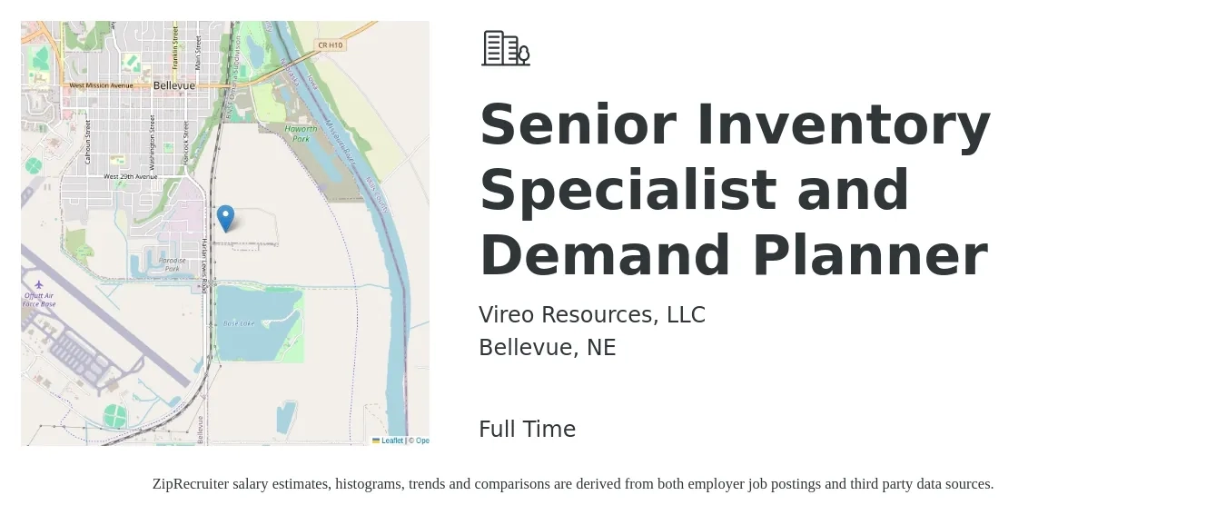 Vireo Resources, LLC job posting for a Senior Inventory Specialist and Demand Planner in Bellevue, NE with a salary of $43,600 to $77,700 Yearly with a map of Bellevue location.