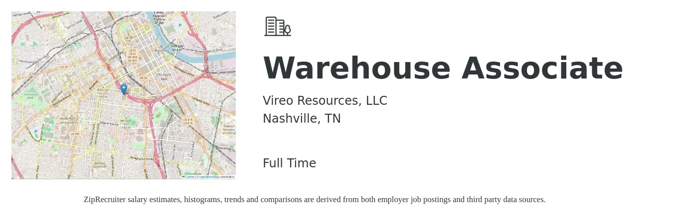 Vireo Resources, LLC job posting for a Warehouse Associate in Nashville, TN with a salary of $18 Hourly with a map of Nashville location.
