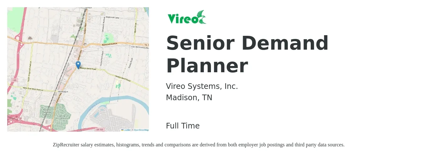 Vireo Systems, Inc. job posting for a Senior Demand Planner in Madison, TN with a salary of $68,000 to $96,300 Yearly with a map of Madison location.
