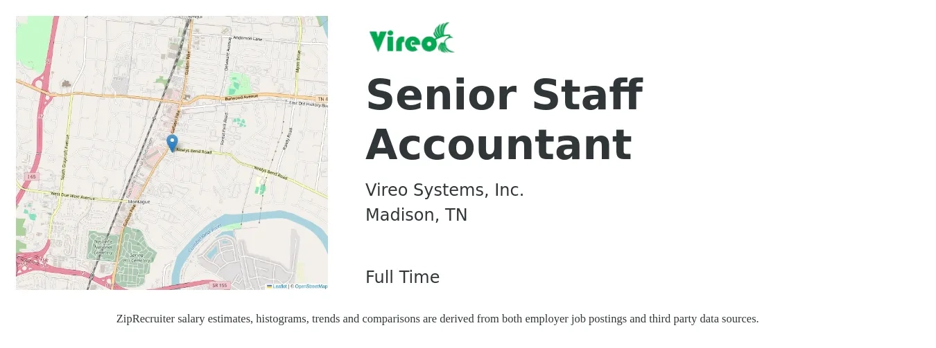 Vireo Systems, Inc. job posting for a Senior Staff Accountant in Madison, TN with a salary of $64,300 to $79,100 Yearly with a map of Madison location.