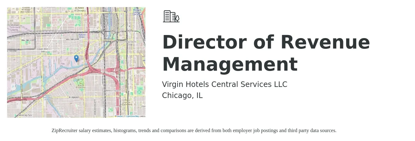 Virgin Hotels Central Services LLC job posting for a Director of Revenue Management in Chicago, IL with a salary of $97,400 to $144,300 Yearly with a map of Chicago location.