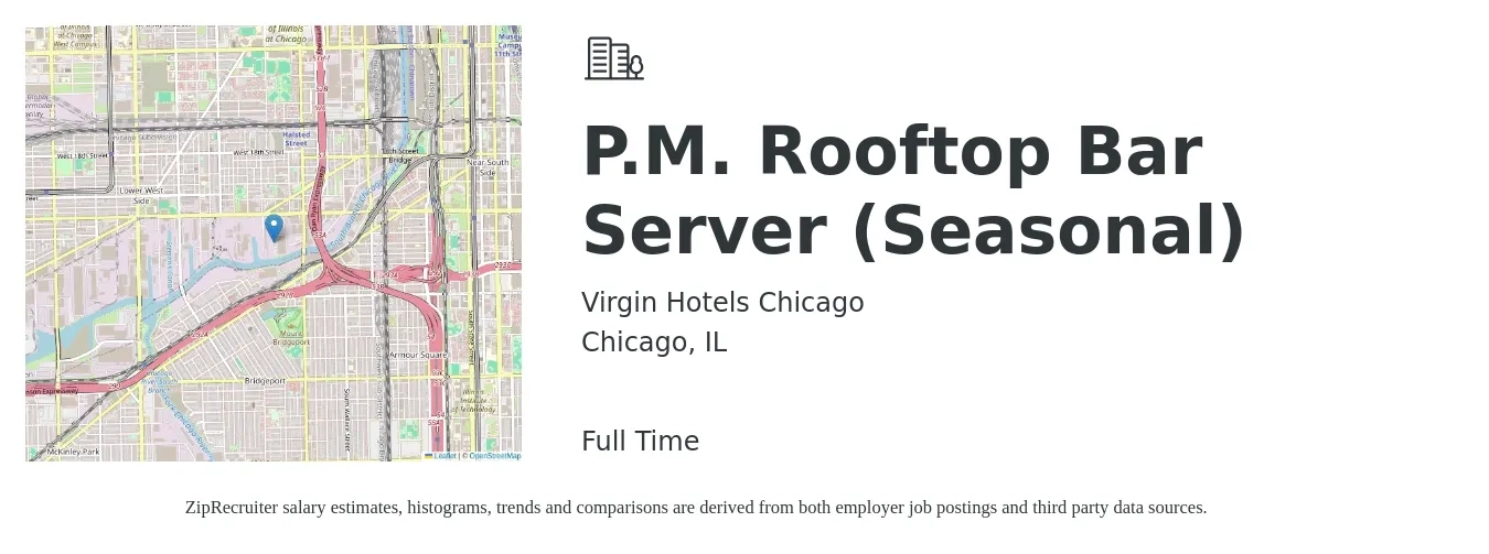 Virgin Hotels Chicago job posting for a P.M. Rooftop Bar Server (Seasonal) in Chicago, IL with a salary of $11 to $18 Hourly with a map of Chicago location.