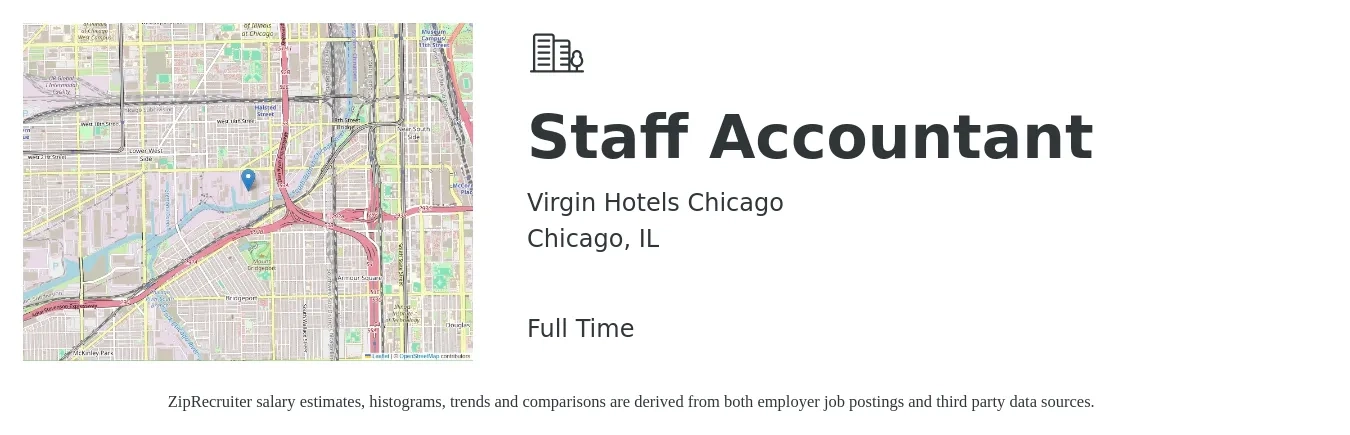 Virgin Hotels Chicago job posting for a Staff Accountant in Chicago, IL with a salary of $56,700 to $74,700 Yearly with a map of Chicago location.