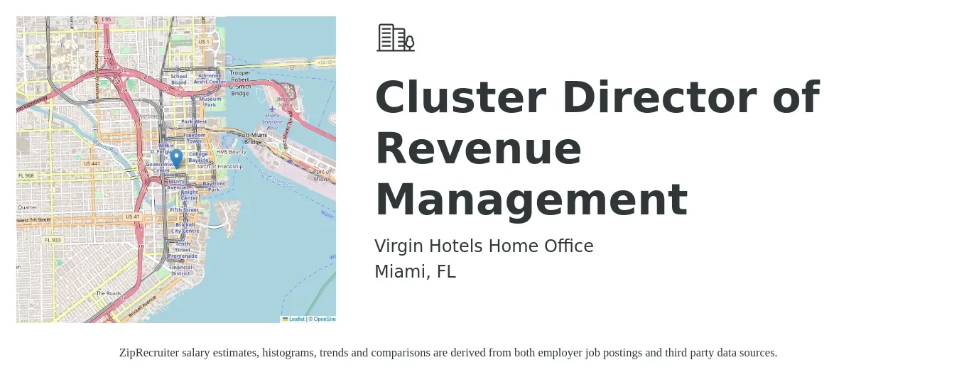 Virgin Hotels Home Office job posting for a Cluster Director of Revenue Management in Miami, FL with a salary of $90,400 to $133,900 Yearly with a map of Miami location.