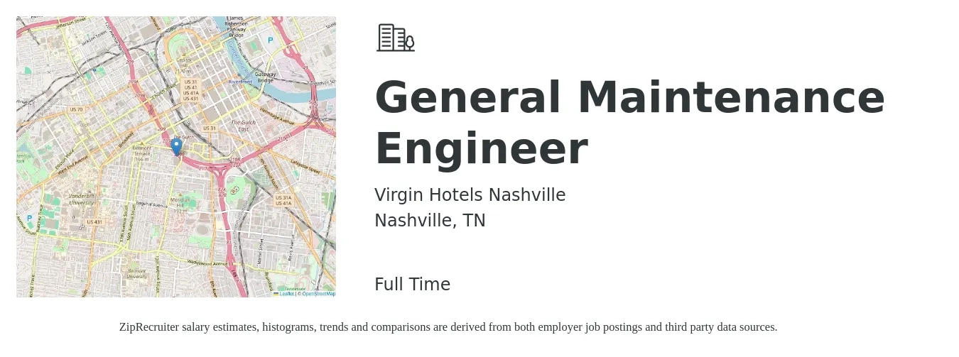 Virgin Hotels Nashville job posting for a General Maintenance Engineer in Nashville, TN with a salary of $18 to $20 Hourly with a map of Nashville location.