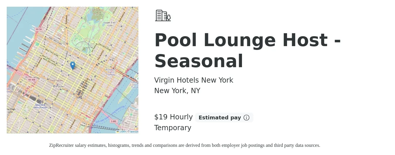 Virgin Hotels New York job posting for a Pool Lounge Host - Seasonal in New York, NY with a salary of $20 Hourly with a map of New York location.