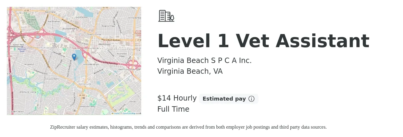 Virginia Beach S P C A Inc. job posting for a Level 1 Vet Assistant in Virginia Beach, VA with a salary of $15 Hourly with a map of Virginia Beach location.