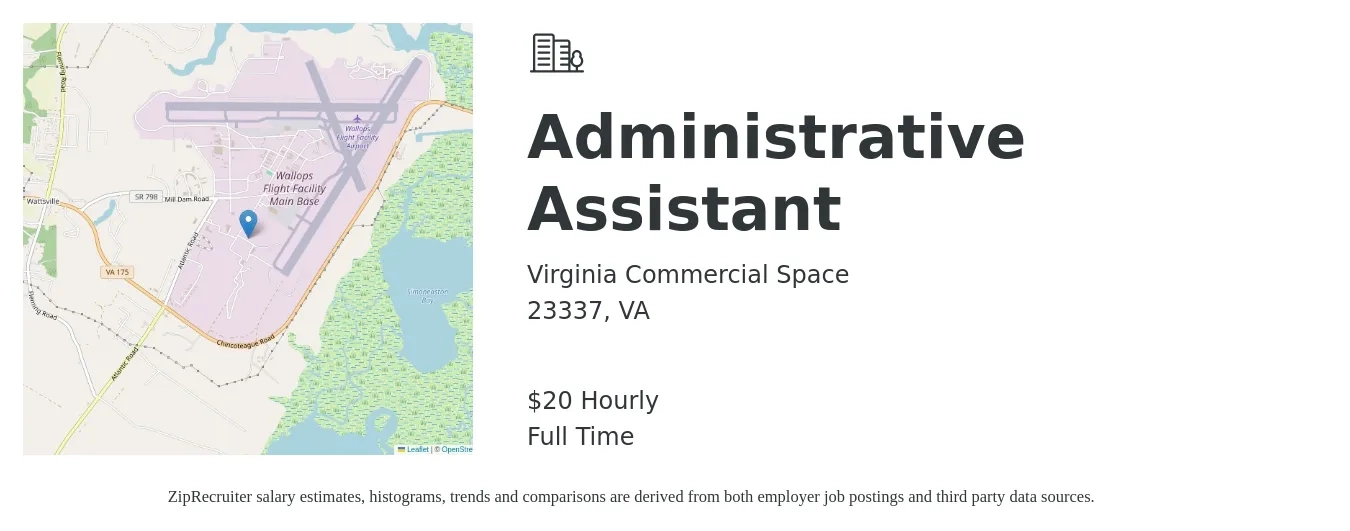 Virginia Commercial Space job posting for a Administrative Assistant in 23337, VA with a salary of $21 Hourly with a map of 23337 location.