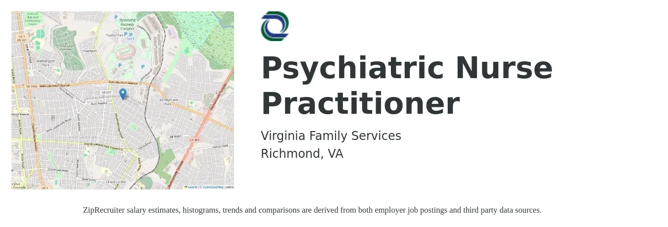 Virginia Family Services job posting for a Psychiatric Nurse Practitioner in Richmond, VA with a salary of $119,800 to $153,100 Yearly with a map of Richmond location.