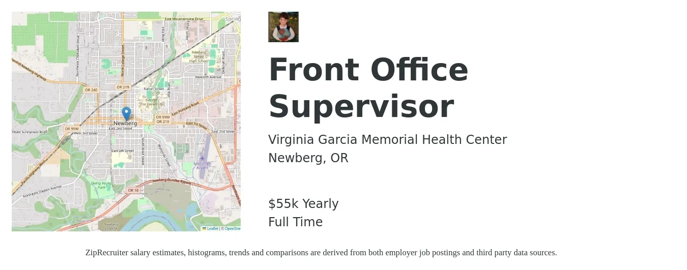 Virginia Garcia Memorial Health Center job posting for a Front Office Supervisor in Newberg, OR with a salary of $55,245 Yearly with a map of Newberg location.