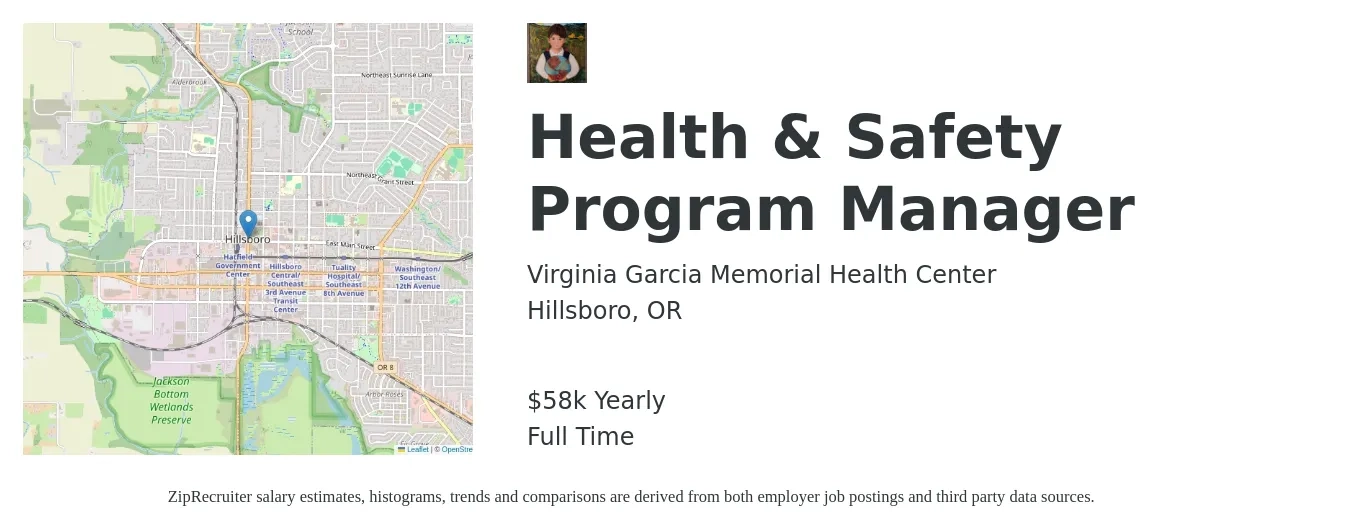 Virginia Garcia Memorial Health Center job posting for a Health & Safety Program Manager in Hillsboro, OR with a salary of $58,573 Yearly with a map of Hillsboro location.