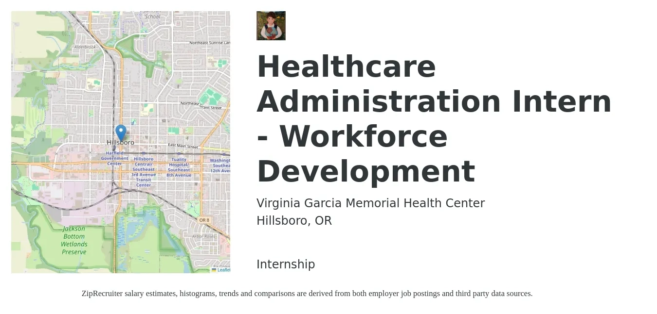 Virginia Garcia Memorial Health Center job posting for a Healthcare Administration Intern - Workforce Development in Hillsboro, OR with a salary of $16 to $22 Hourly with a map of Hillsboro location.