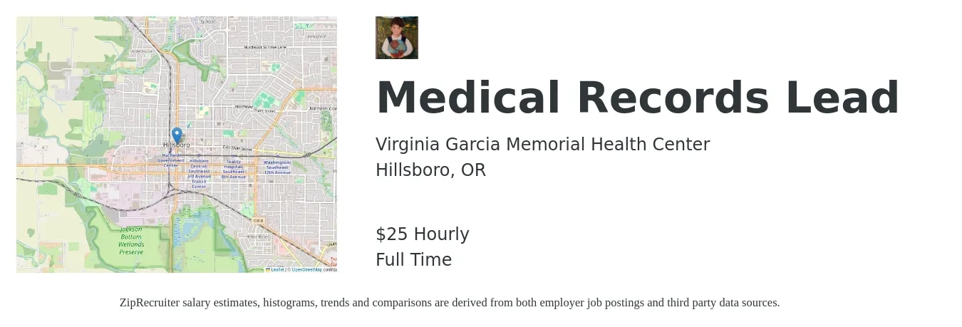 Virginia Garcia Memorial Health Center job posting for a Medical Records Lead in Hillsboro, OR with a salary of $27 Hourly with a map of Hillsboro location.
