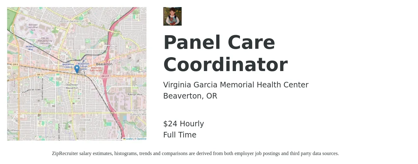 Virginia Garcia Memorial Health Center job posting for a Panel Care Coordinator in Beaverton, OR with a salary of $26 Hourly with a map of Beaverton location.