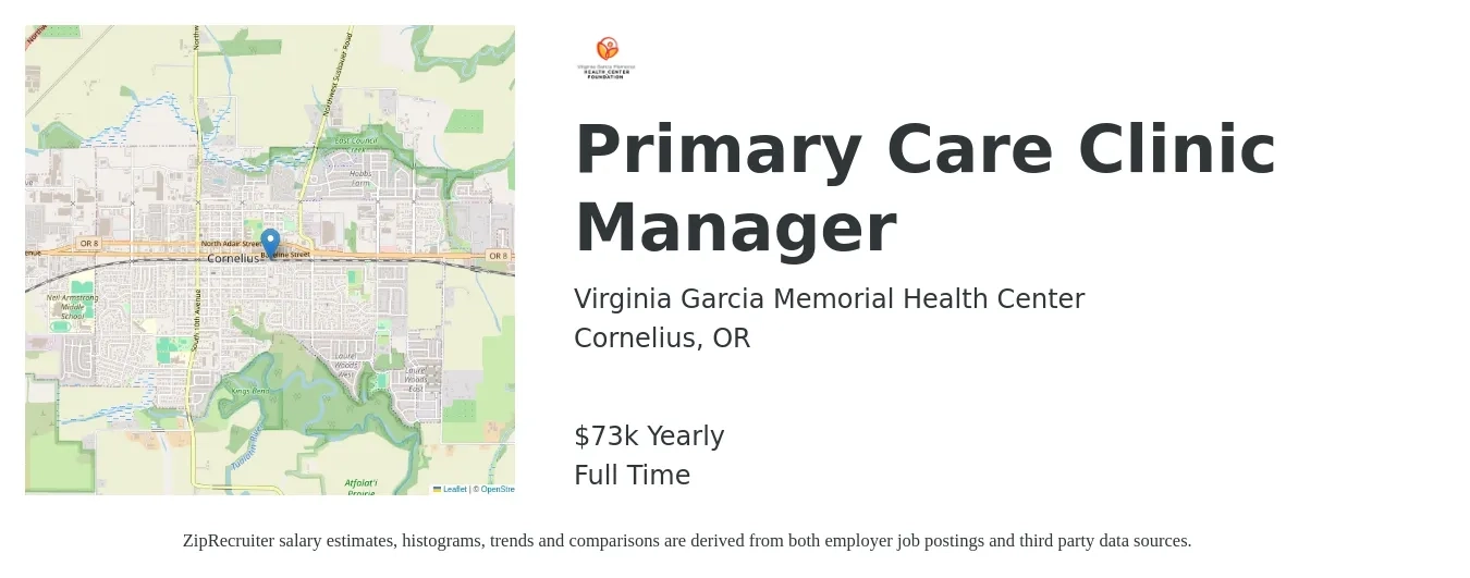 Virginia Garcia Memorial Health Center job posting for a Primary Care Clinic Manager in Cornelius, OR with a salary of $73,944 Yearly with a map of Cornelius location.