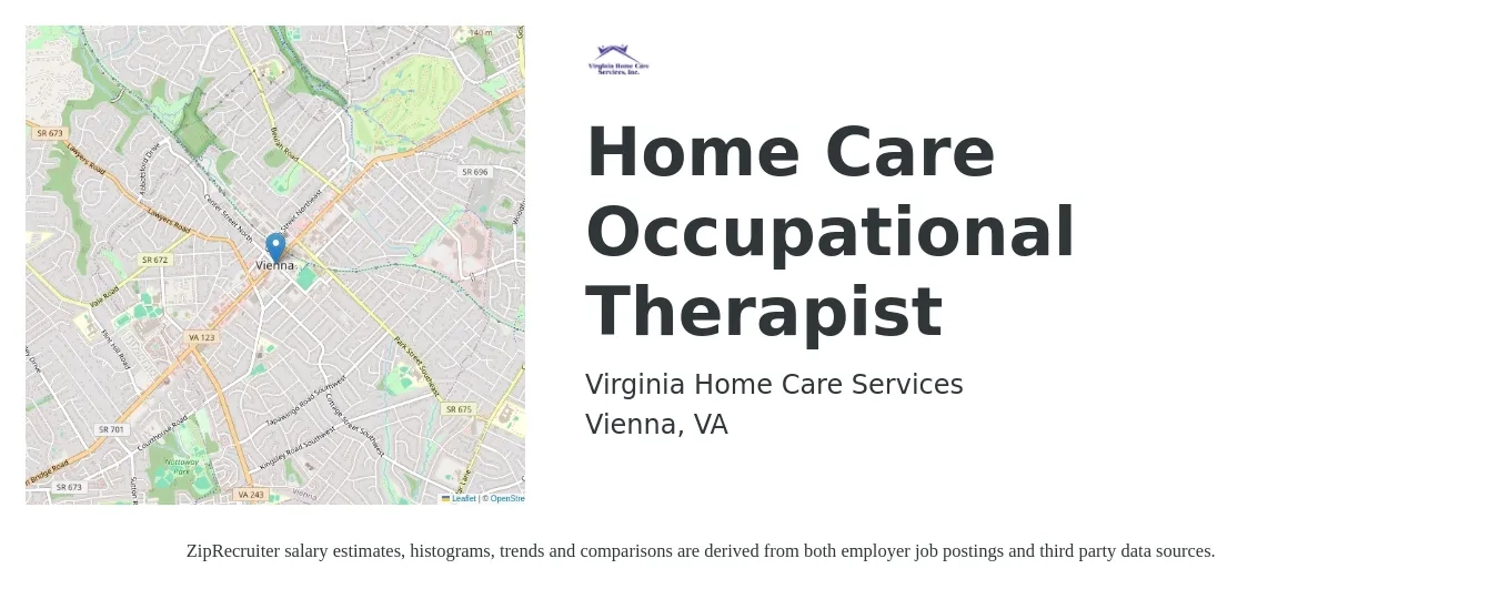 Virginia Home Care Services job posting for a Home Care Occupational Therapist in Vienna, VA with a salary of $120 to $150 Hourly with a map of Vienna location.