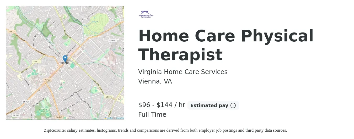 Virginia Home Care Services job posting for a Home Care Physical Therapist in Vienna, VA with a salary of $100 to $150 Hourly with a map of Vienna location.