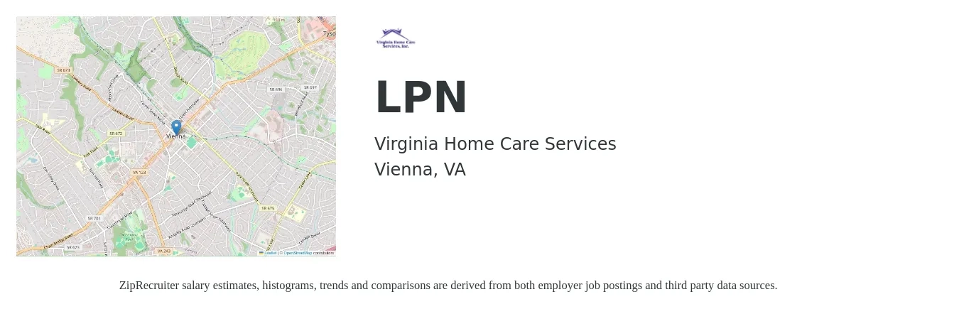 Virginia Home Care Services job posting for a LPN in Vienna, VA with a salary of $37 Hourly with a map of Vienna location.