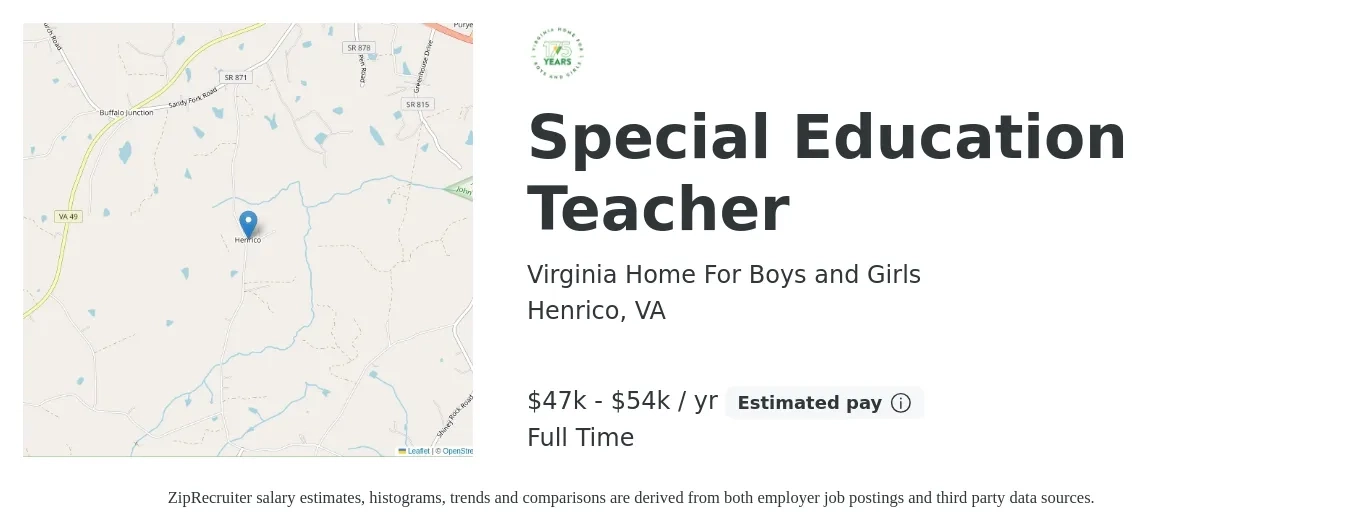Virginia Home For Boys and Girls job posting for a Special Education Teacher in Henrico, VA with a salary of $47,000 to $54,000 Yearly with a map of Henrico location.