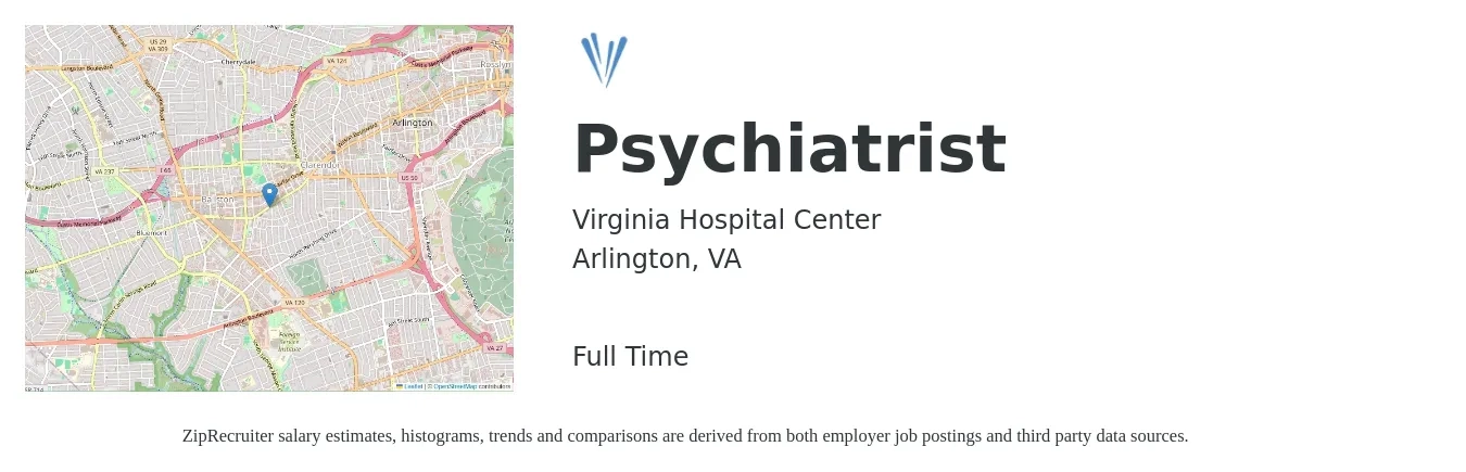 Virginia Hospital Center job posting for a Psychiatrist in Arlington, VA with a salary of $243,900 to $364,700 Yearly with a map of Arlington location.