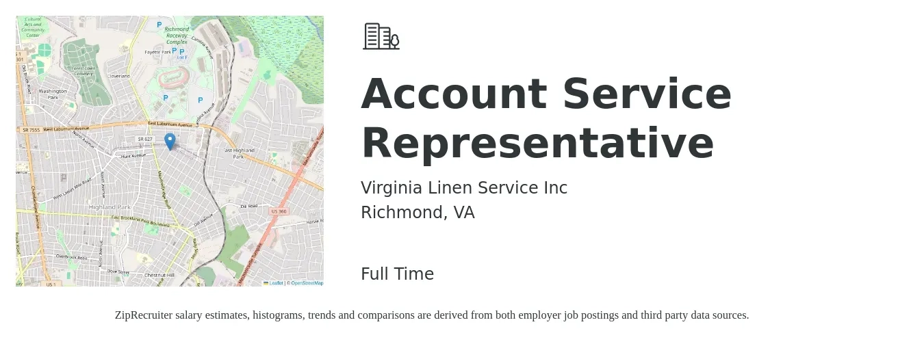 Virginia Linen Service Inc job posting for a Account Service Representative in Richmond, VA with a salary of $17 to $24 Hourly with a map of Richmond location.
