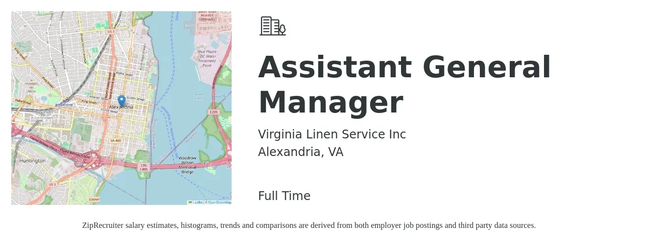 Virginia Linen Service Inc job posting for a Assistant General Manager in Alexandria, VA with a salary of $16 to $24 Hourly with a map of Alexandria location.