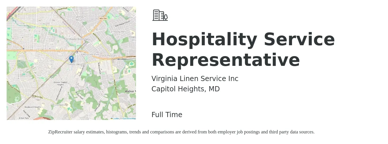 Virginia Linen Service Inc job posting for a Hospitality Service Representative in Capitol Heights, MD with a salary of $15 to $21 Hourly with a map of Capitol Heights location.
