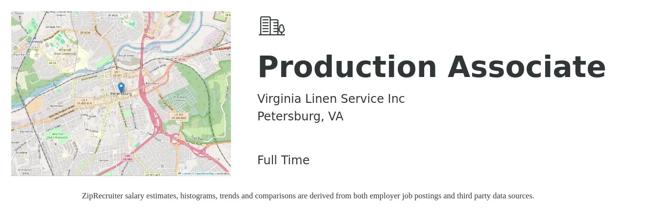 Virginia Linen Service Inc job posting for a Production Associate in Petersburg, VA with a salary of $15 to $19 Hourly with a map of Petersburg location.