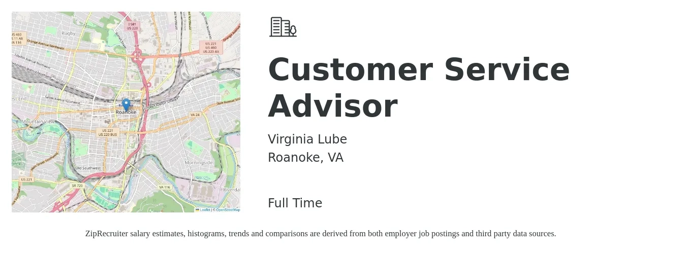Virginia Lube job posting for a Customer Service Advisor in Roanoke, VA with a salary of $16 to $24 Hourly with a map of Roanoke location.