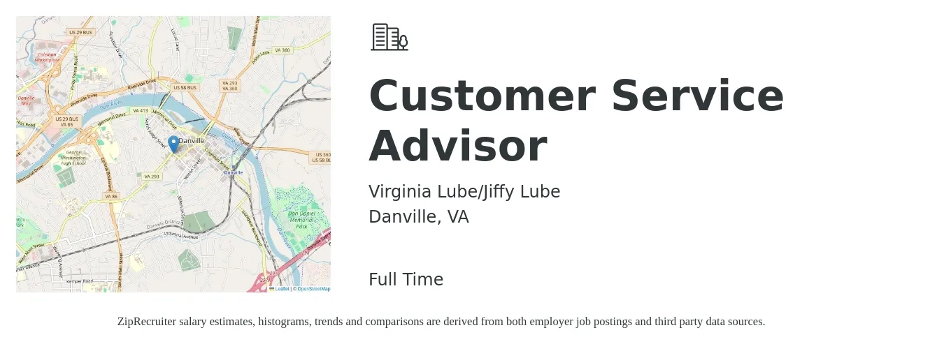 Virginia Lube/Jiffy Lube job posting for a Customer Service Advisor in Danville, VA with a salary of $15 to $23 Hourly with a map of Danville location.