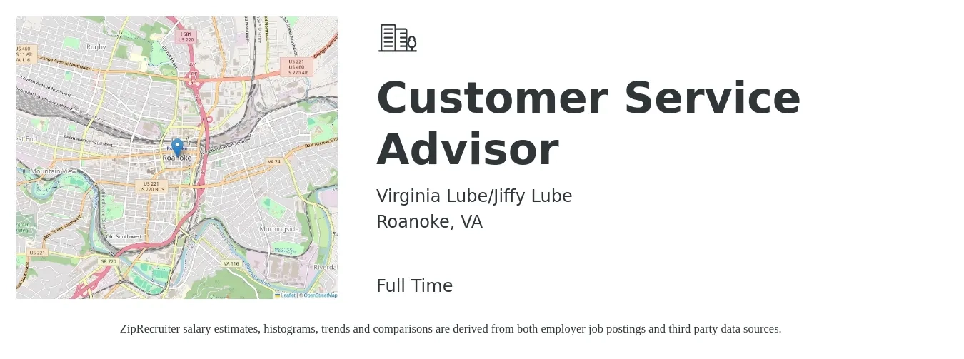 Virginia Lube/Jiffy Lube job posting for a Customer Service Advisor in Roanoke, VA with a salary of $16 to $24 Hourly with a map of Roanoke location.